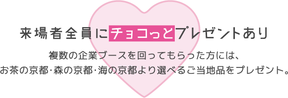 来場者全員にチョコっとプレゼントあり　複数の企業ブースを回ってもらった方には、お茶の京都・森の京都・海の京都より選べるご当地品をプレゼント。